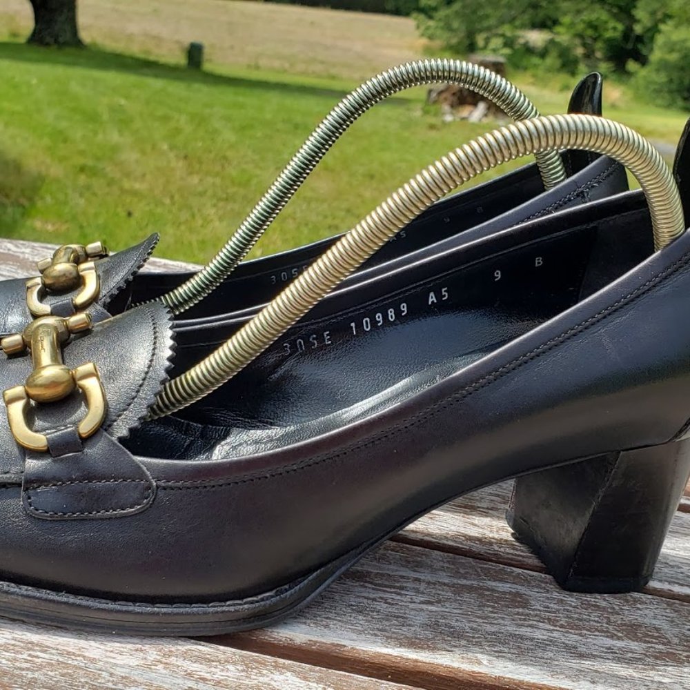 Salvatore Ferragamo Black Leather Heeled Loafers with Gold Hardware
